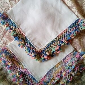 2 Handkerchief Hankies Crochet Lace Trim